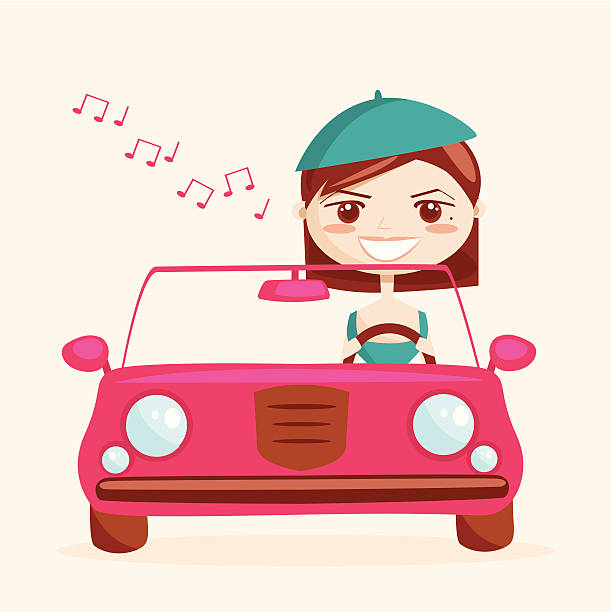 "Retro girl driving, vector illustration"